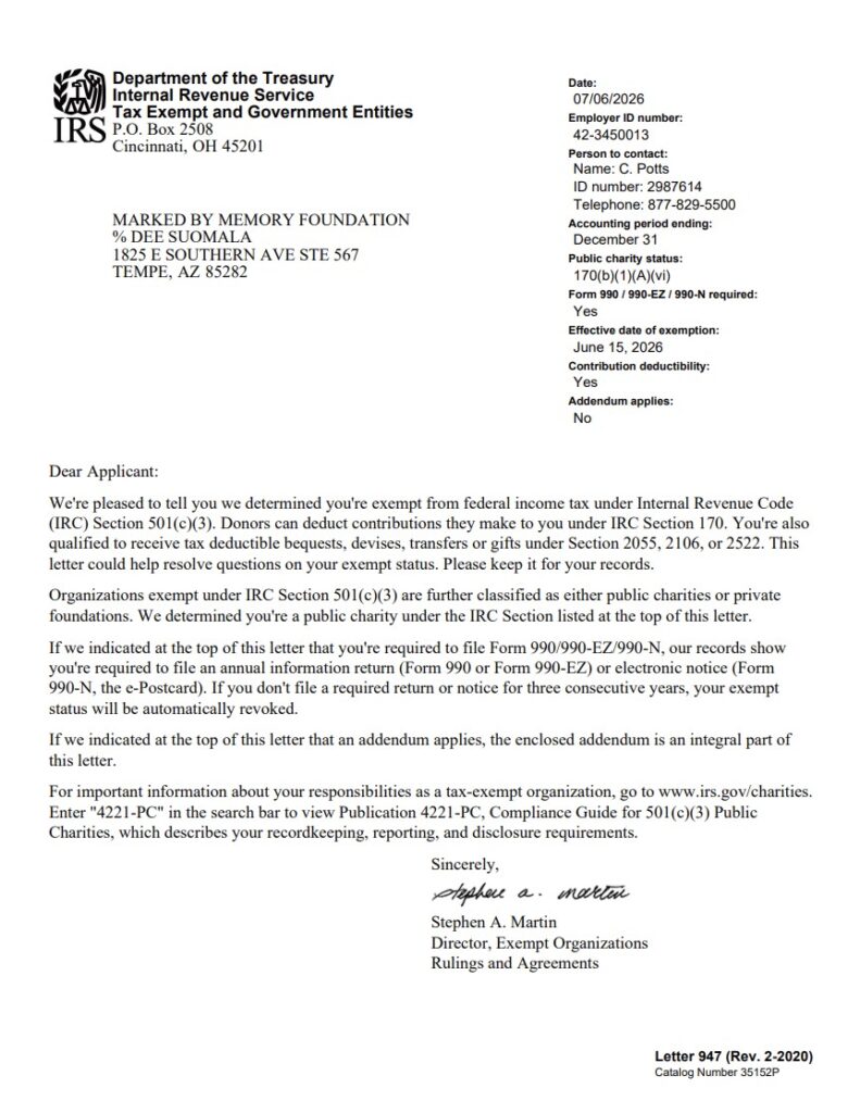 marked by memory foundation irs 501(c)(3) determination letter